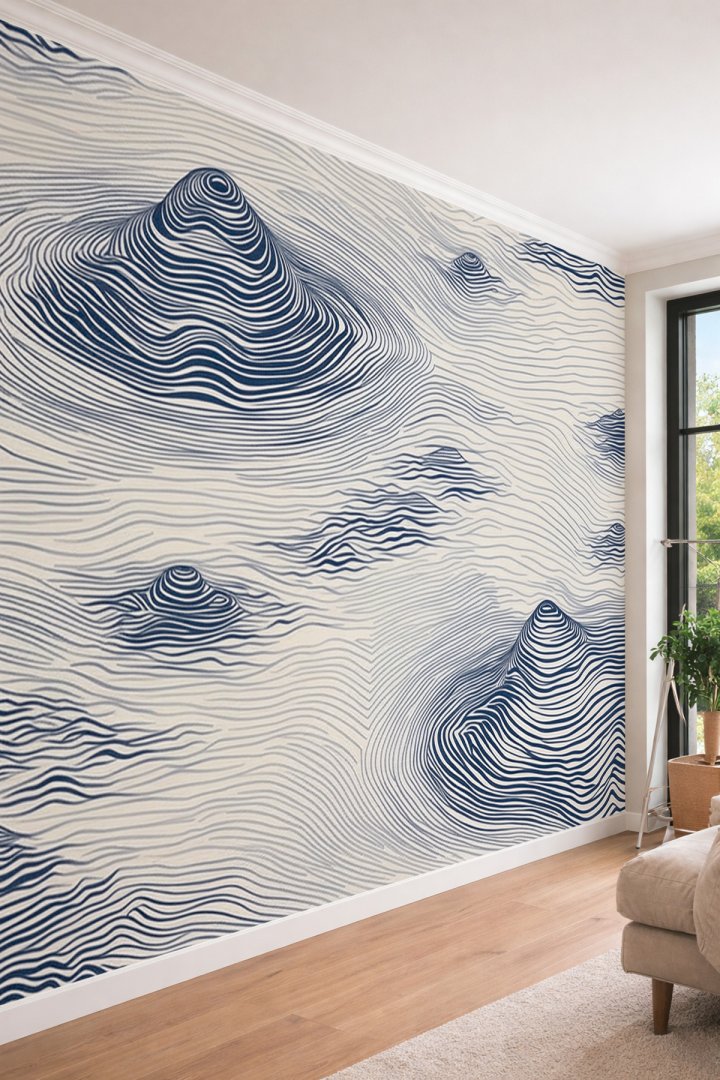 Dreamwall Bej Zeminde Lacivert Topoğrafik Çizgiler ve Dalga Formlu Tek Parça Tekstil Duvar Kağıdı 