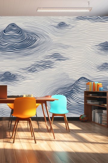 Dreamwall Bej Zeminde Lacivert Topoğrafik Çizgiler ve Dalga Formlu Tek Parça Tekstil Duvar Kağıdı  küçük görsel 2