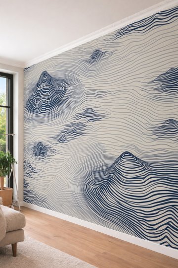 Dreamwall Bej Zeminde Lacivert Topoğrafik Çizgiler ve Dalga Formlu Tek Parça Tekstil Duvar Kağıdı  küçük görsel 3