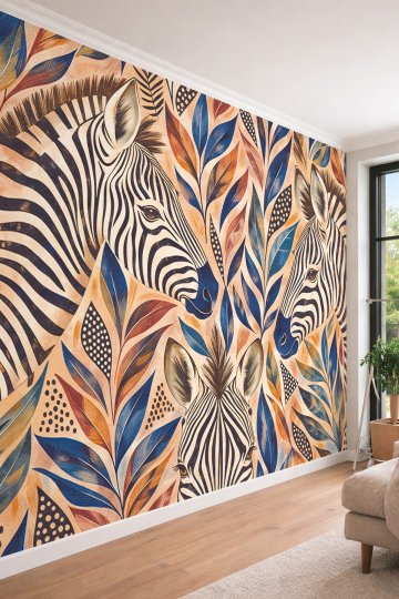 Dreamwall Bej Zeminde Zebra Figürleri ve Renkli Tropikal Yaprak Motifli Tek Parça Tekstil Duvar Kağıdı  küçük görsel 1