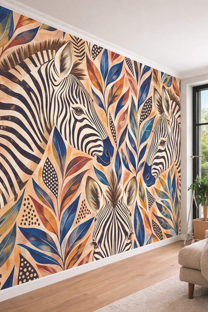 Dreamwall Bej Zeminde Zebra Figürleri ve Renkli Tropikal Yaprak Motifli Tek Parça Tekstil Duvar Kağı...