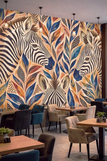 Dreamwall Bej Zeminde Zebra Figürleri ve Renkli Tropikal Yaprak Motifli Tek Parça Tekstil Duvar Kağıdı  küçük görsel 2