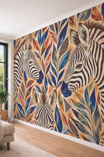 Dreamwall Bej Zeminde Zebra Figürleri ve Renkli Tropikal Yaprak Motifli Tek Parça Tekstil Duvar Kağıdı  küçük görsel 3