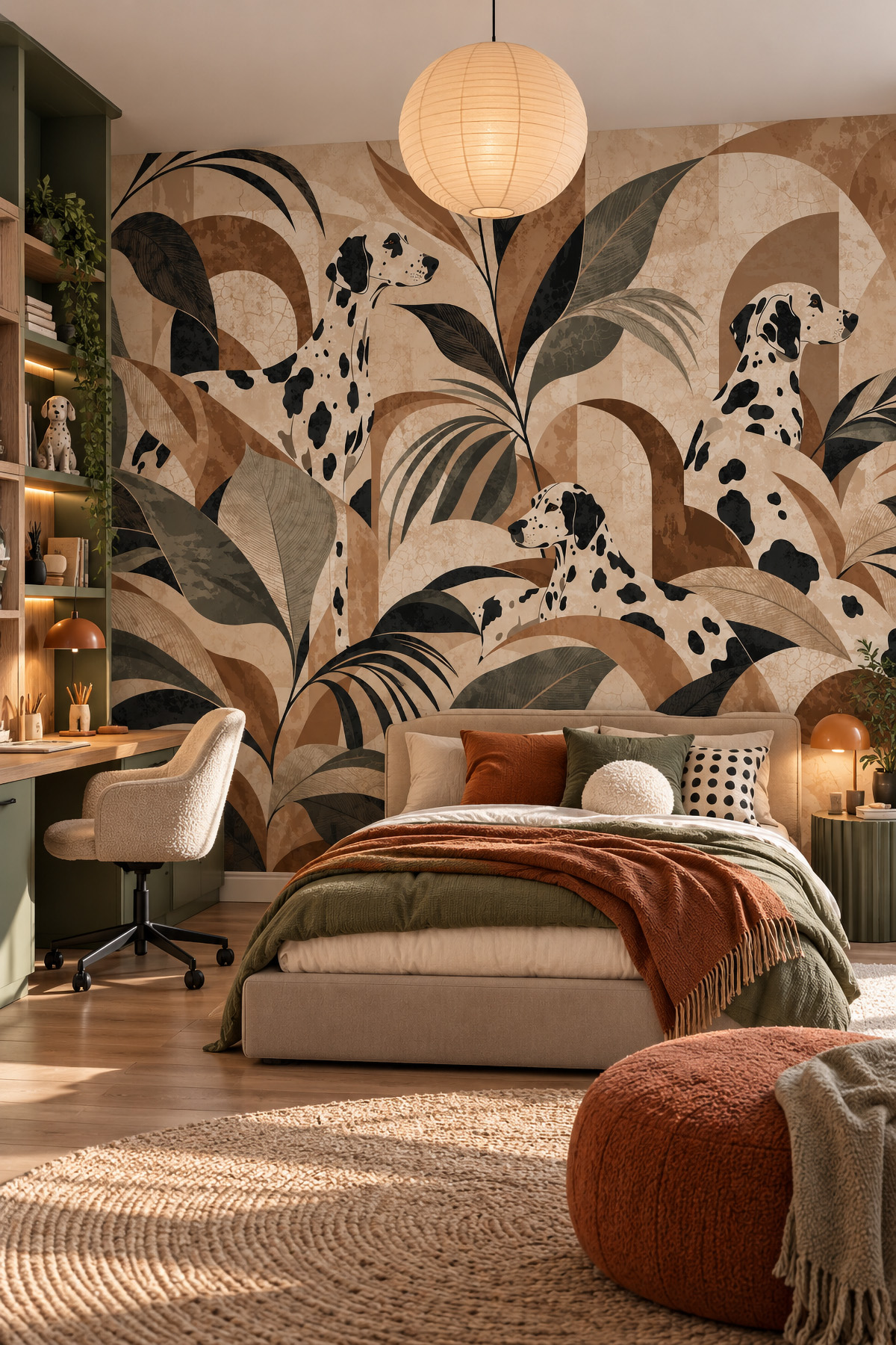 Dreamwall Benekli Ritim- Dalmaçyalı Köpek ve Botanik Desenli Tek Parça Tekstil Duvar Kağıdı  görsel 1