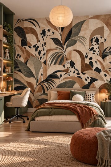Dreamwall Benekli Ritim- Dalmaçyalı Köpek ve Botanik Desenli Tek Parça Tekstil Duvar Kağıdı 