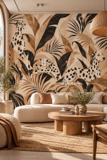 Dreamwall Benekli Vaha- Dalmaçyalı Köpek ve Botanik Desenli Tek Parça Tekstil Duvar Kağıdı 