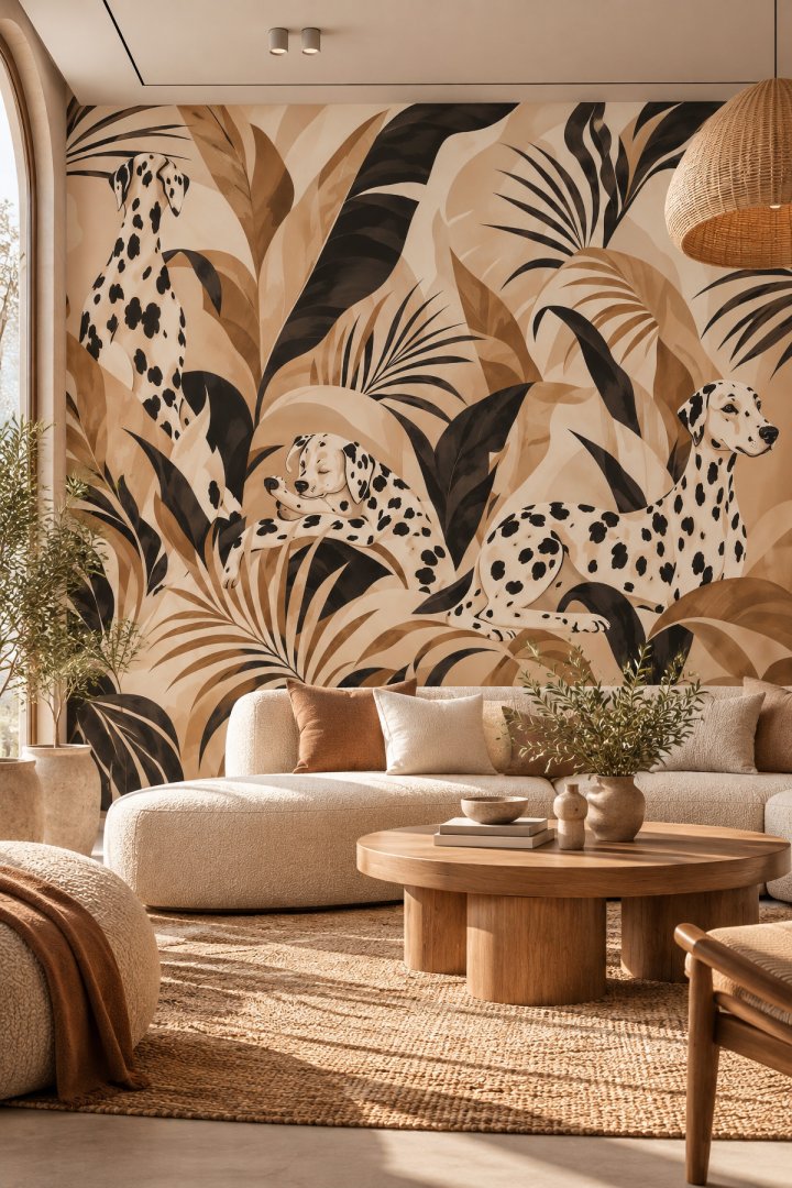 Dreamwall Benekli Vaha- Dalmaçyalı Köpek ve Botanik Desenli Tek Parça Tekstil Duvar Kağıdı 