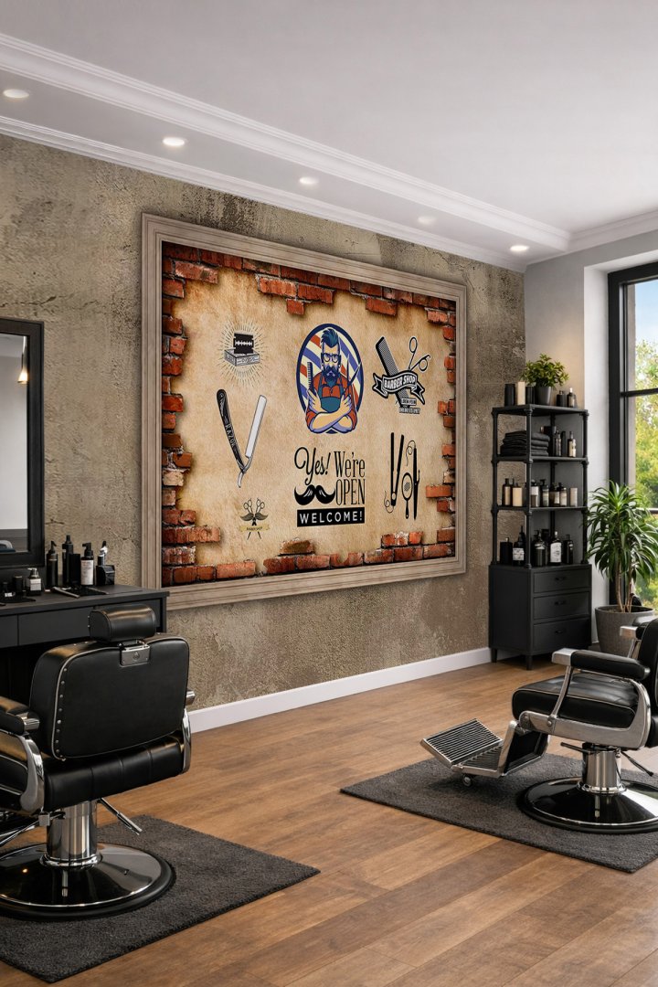Dreamwall Berber Konseptli Ahşap Çerçeve ve Tuğla Desenli Tek Parça Tekstil Duvar Kağıdı