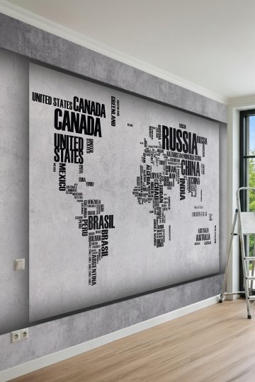 Dreamwall Beton Çerçeveli Tipografik Dünya Haritası Motifli Tek Parça Tekstil Duvar Kağıdı