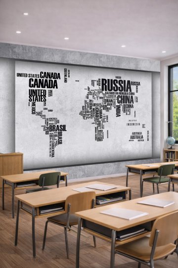 Dreamwall Beton Çerçeveli Tipografik Dünya Haritası Motifli Tek Parça Tekstil Duvar Kağıdı küçük görsel 2