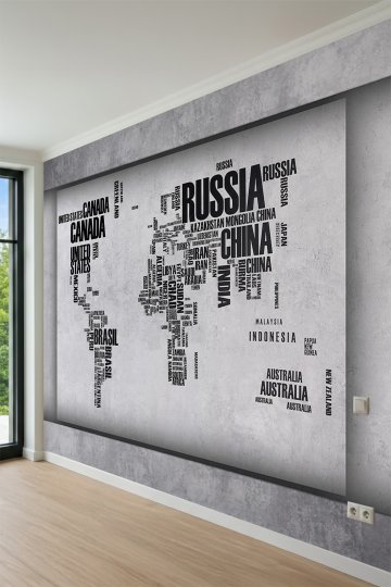 Dreamwall Beton Çerçeveli Tipografik Dünya Haritası Motifli Tek Parça Tekstil Duvar Kağıdı küçük görsel 3