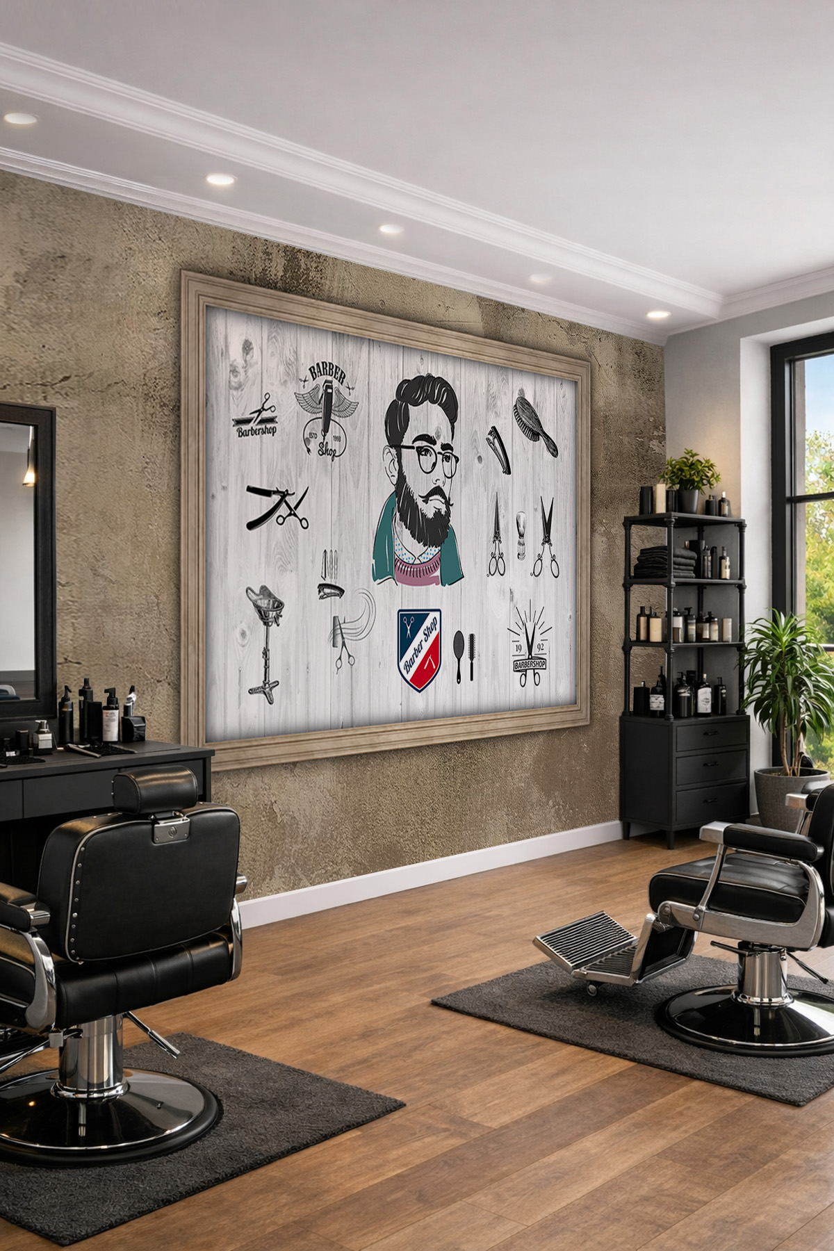 Dreamwall Beyaz Ahşap Panel Arka Planlı Berber Konseptli Tek Parça Tekstil Duvar Kağıdı görsel 1