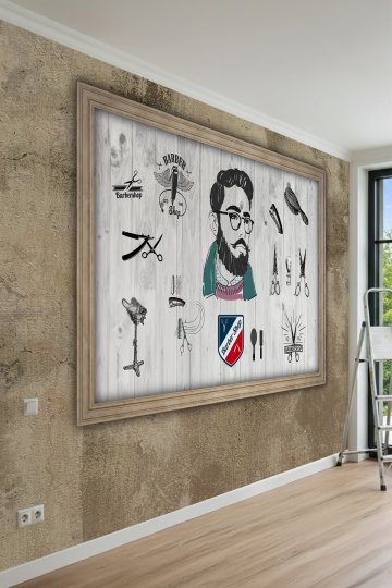 Dreamwall Beyaz Ahşap Panel Arka Planlı Berber Konseptli Tek Parça Tekstil Duvar Kağıdı küçük görsel 2