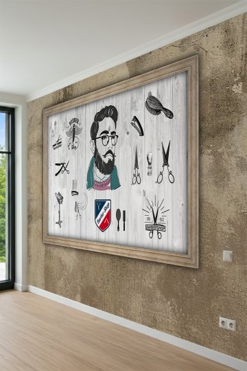Dreamwall Beyaz Ahşap Panel Arka Planlı Berber Konseptli Tek Parça Tekstil Duvar Kağıdı küçük görsel 3