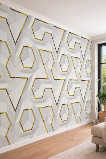 Dreamwall Beyaz-Altın 3D Geometrik Prizma Desenli Lüks Tek Parça Tekstil Duvar Kağıdı