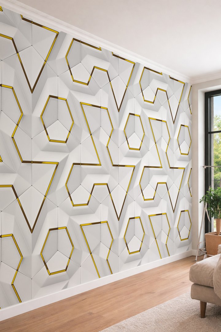 Dreamwall Beyaz-Altın 3D Geometrik Prizma Desenli Lüks Tek Parça Tekstil Duvar Kağıdı