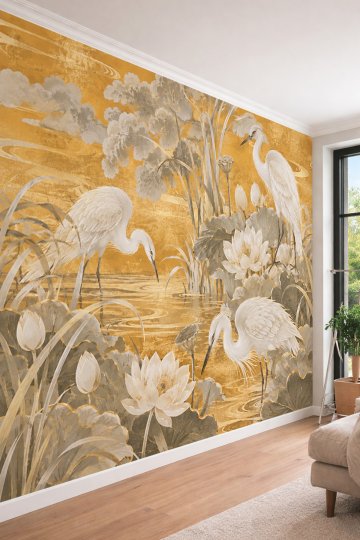 Dreamwall Beyaz Balıkçıl Kuşları ve Nilüfer Çiçekli Lüks Tek Parça Tekstil Duvar Kağıdı 