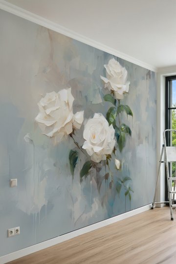 Dreamwall Beyaz Gül Motifli Sanatsal Tek Parça Tekstil Duvar Kağıdı