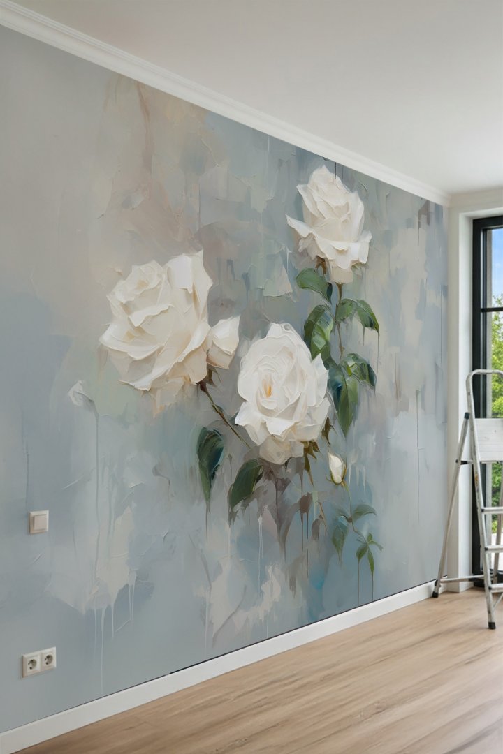 Dreamwall Beyaz Gül Motifli Sanatsal Tek Parça Tekstil Duvar Kağıdı