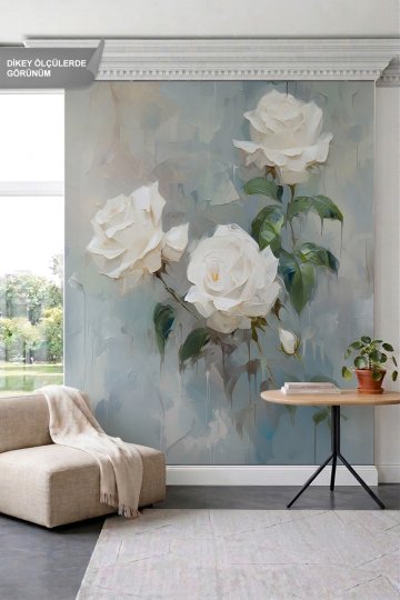 Dreamwall Beyaz Gül Motifli Sanatsal Tek Parça Tekstil Duvar Kağıdı küçük görsel 2