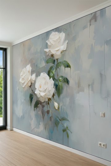 Dreamwall Beyaz Gül Motifli Sanatsal Tek Parça Tekstil Duvar Kağıdı küçük görsel 3