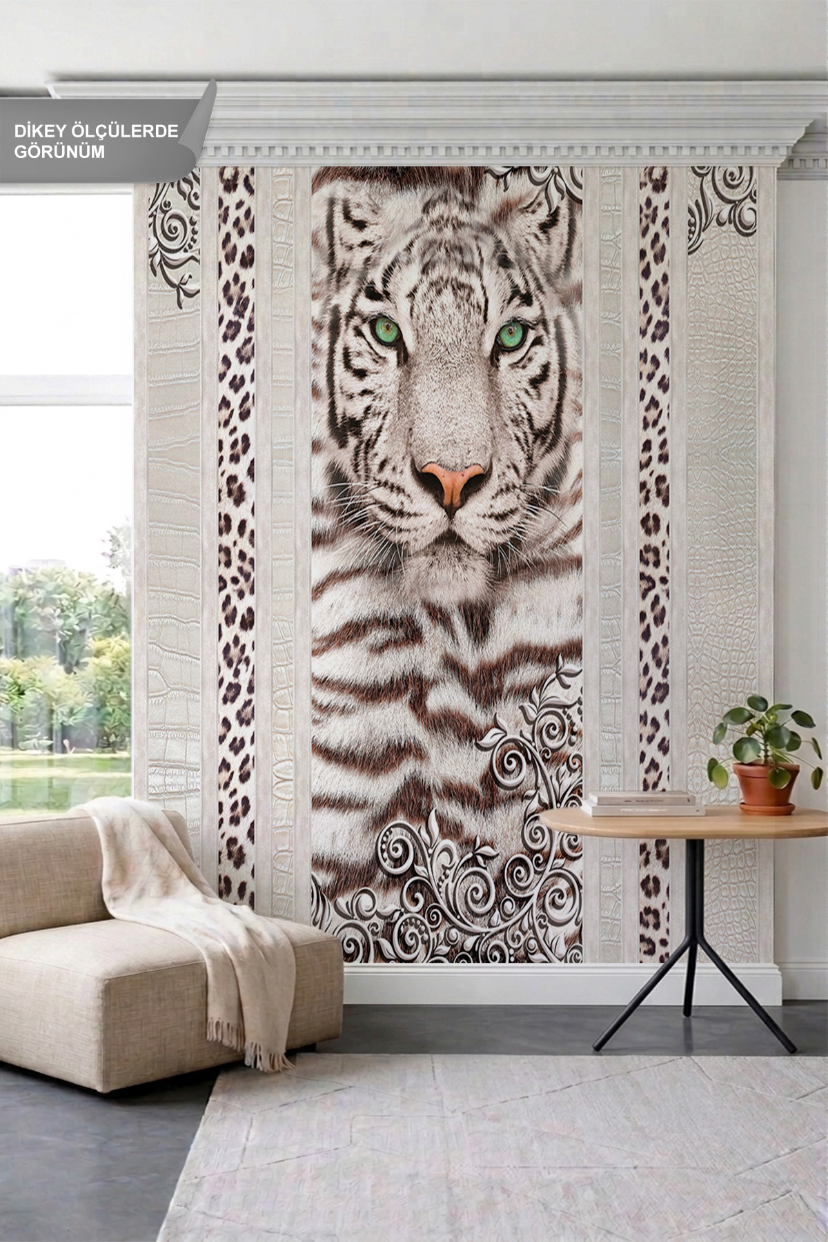 Dreamwall Beyaz Kaplan, Leoparlı Şeritler ve Deri Görünümlü Tek Parça Tekstil Duvar Kağıdı görsel 1