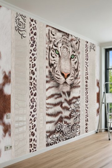 Dreamwall Beyaz Kaplan, Leoparlı Şeritler ve Deri Görünümlü Tek Parça Tekstil Duvar Kağıdı küçük görsel 2