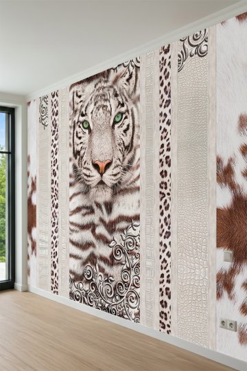 Dreamwall Beyaz Kaplan, Leoparlı Şeritler ve Deri Görünümlü Tek Parça Tekstil Duvar Kağıdı küçük görsel 3