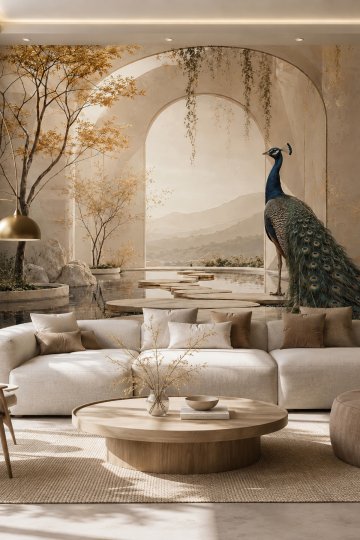 Dreamwall Bilge Tavus Kuşu Kemerli Havuz Temalı Tek Parça Tekstil Duvar Kağıdı küçük görsel 2