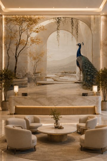 Dreamwall Bilge Tavus Kuşu Kemerli Havuz Temalı Tek Parça Tekstil Duvar Kağıdı küçük görsel 6