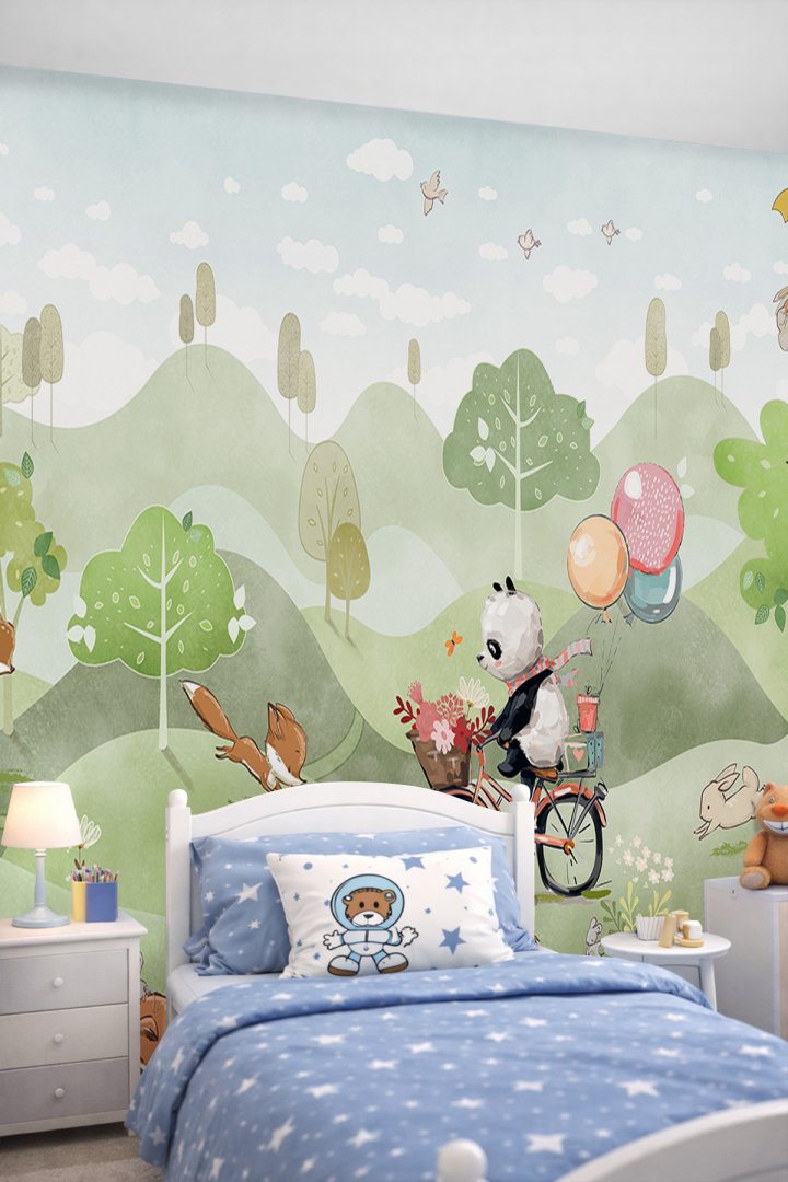 Dreamwall Bisikletli Panda ve Sevimli Orman Dostları Tek Parça Tekstil Duvar Kağıdı