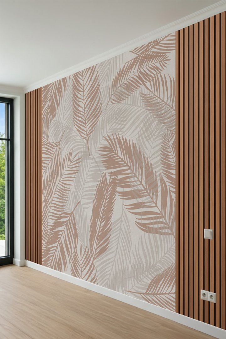 Dreamwall Bohem Palmiye Yapraklı Ahşap Panel Görünümlü Tek Parça Tekstil Duvar Kağıdı