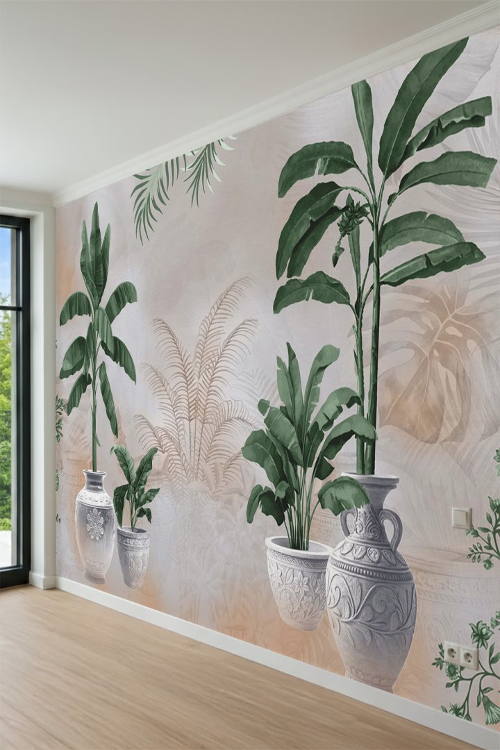 Dreamwall Bohem Tropikal Bitkiler, Dekoratif Seramik Küp Desenli Tek Parça Tekstil Duvar Kağıdı