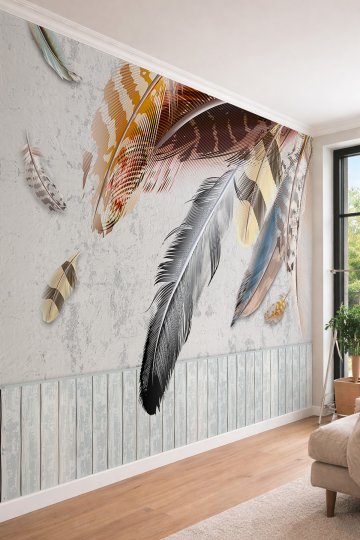 Dreamwall Bohem Tüy Detaylı ve Panel Görünümlü - Modern Sanat Temalı Tek Parça Tekstil Duvar Kağıdı