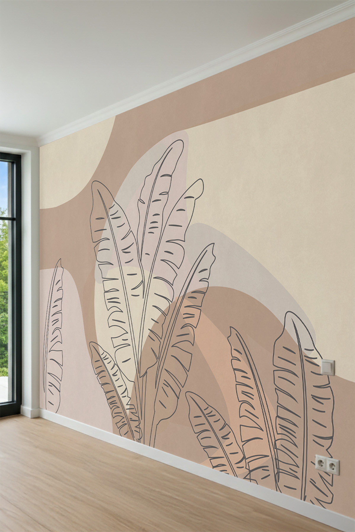 Dreamwall Boho Tropikal Çizgisel Yaprak Desenli Tek Parça Tekstil Duvar Kağıdı görsel 1