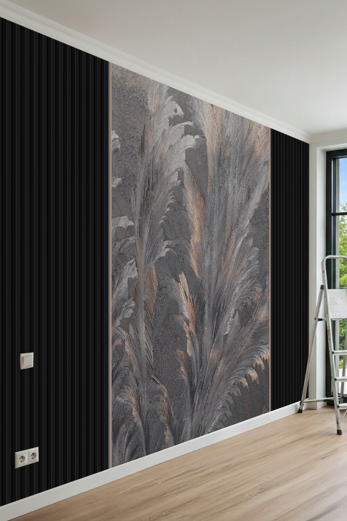 Dreamwall Bronz Egzotik Yaprak Ve Lambiri Desenli Tek Parça Tekstil Duvar Kağıdı görsel 1