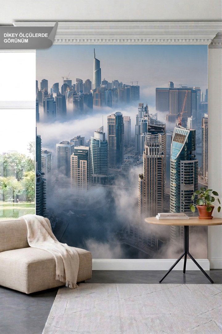 Dreamwall Bulutlar Arasında Gökdelenler ve Şehir Silüeti Tek Parça Tekstil Duvar Kağıdı