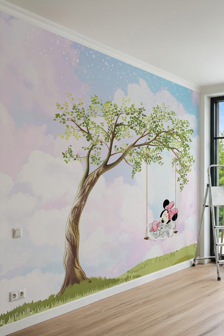 Dreamwall Bulutlar Üzerinde Uyuyan Minnie Mouse Temalı Tek Parça Tekstil Duvar Kağıdı