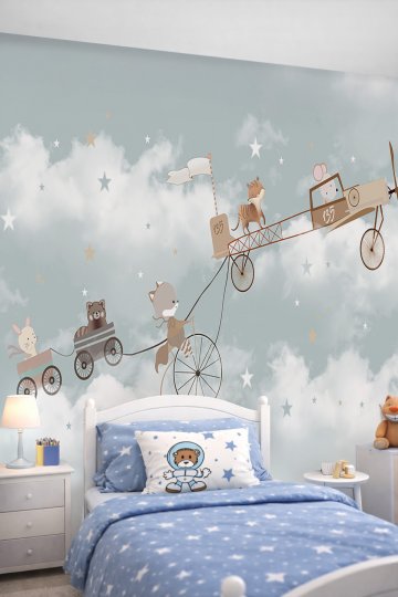 Dreamwall Bulutlarda Uçan Sevimli Hayvanlar ve Uçak Temalı Tek Parça Tekstil Duvar Kağıdı