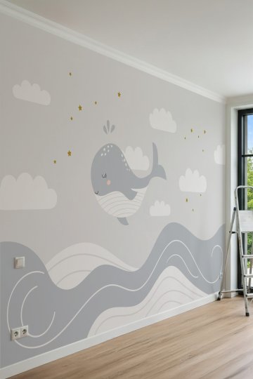 Dreamwall Bulutlarda Yüzen Sevimli Balina ve Yıldızlar Tek Parça Tekstil Duvar Kağıdı