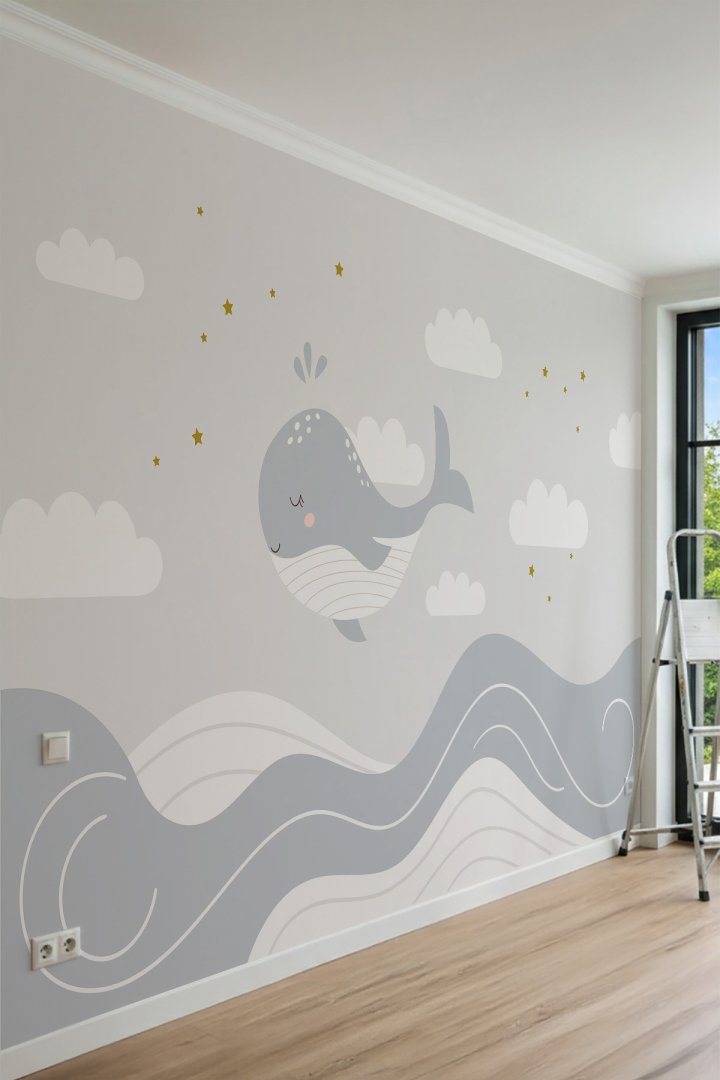 Dreamwall Bulutlarda Yüzen Sevimli Balina ve Yıldızlar Tek Parça Tekstil Duvar Kağıdı