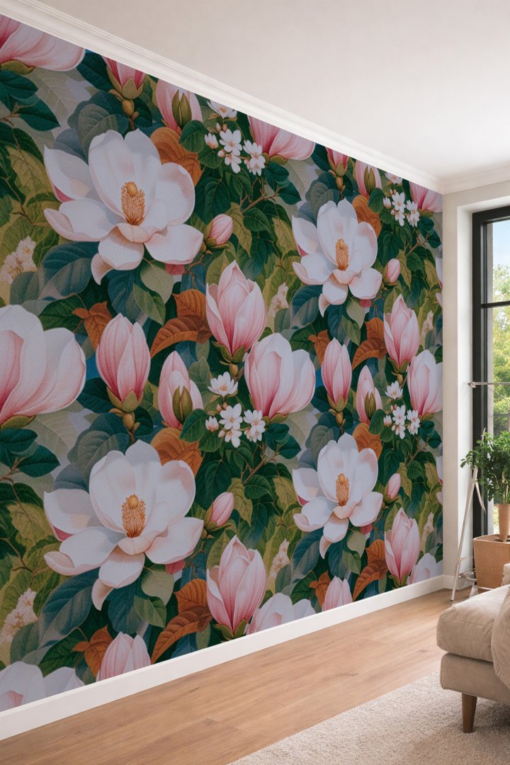 Dreamwall Büyük Beyaz-Pembe Manolya Çiçekli Lüks Tek Parça Tekstil Duvar Kağıdı 