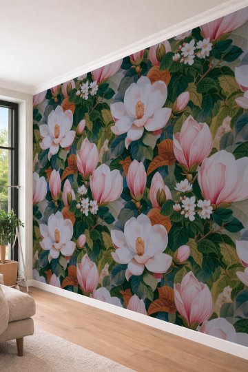 Dreamwall Büyük Beyaz-Pembe Manolya Çiçekli Lüks Tek Parça Tekstil Duvar Kağıdı  küçük görsel 2