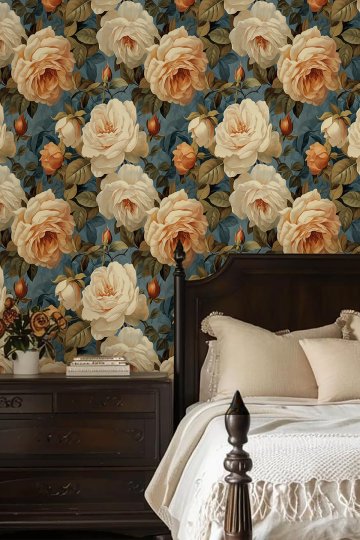 Dreamwall Büyük Gül ve Yaprak Motifli Tek Parça Tekstil Duvar Kağıdı