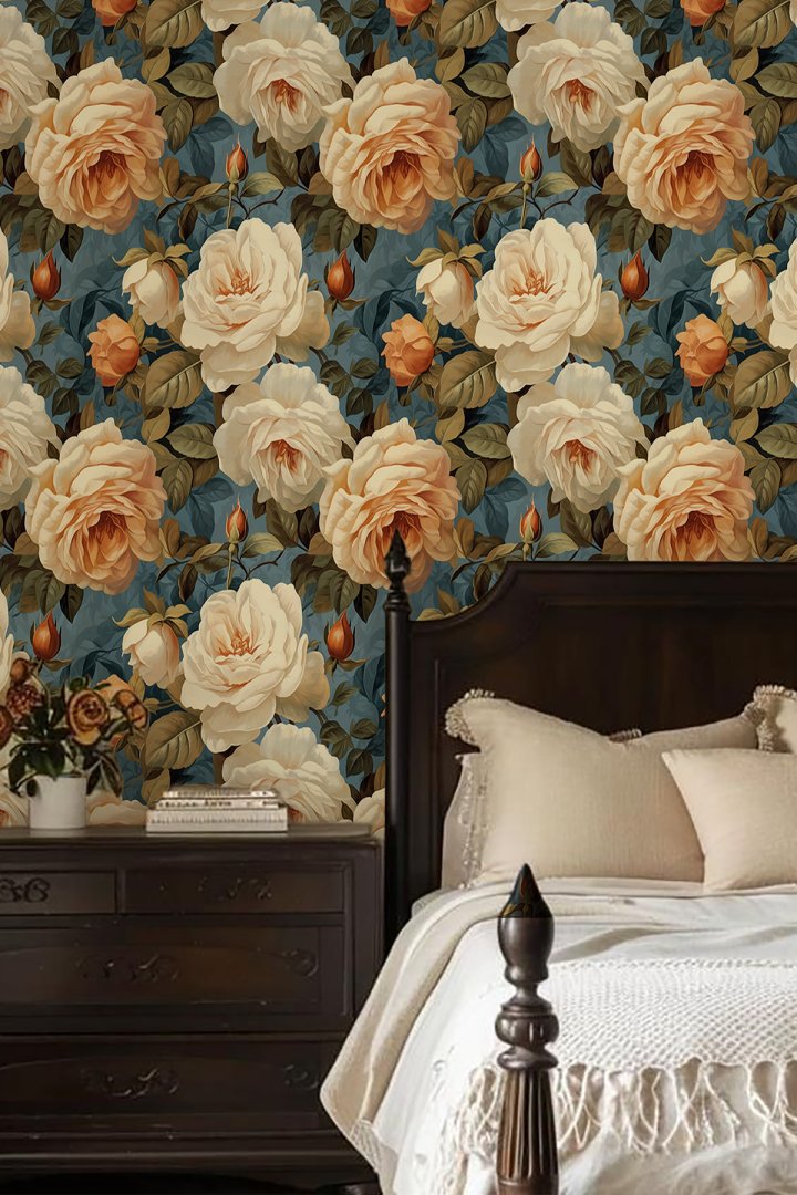 Dreamwall Büyük Gül ve Yaprak Motifli Tek Parça Tekstil Duvar Kağıdı