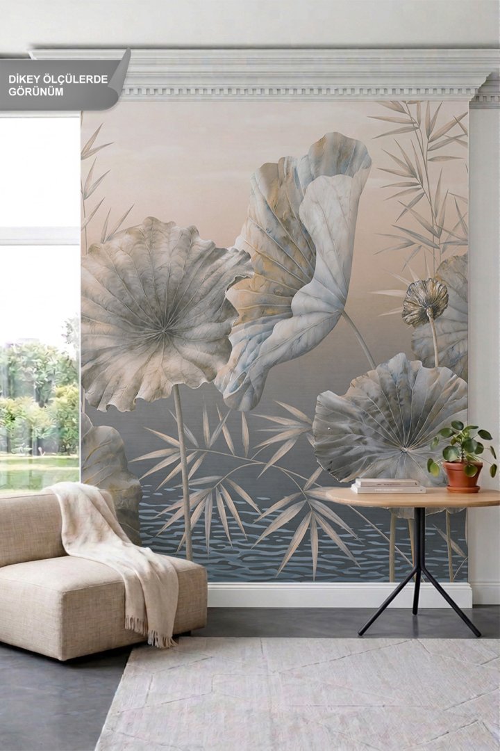 Dreamwall Büyük Lotus Yaprakları, Bambu Dalları ve Su Dalgaları Motifli Tek Parça Tekstil Duvar Kağı...