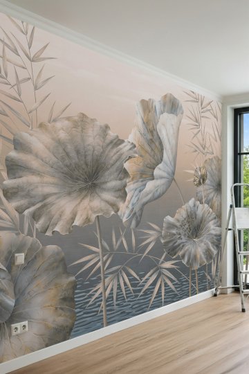 Dreamwall Büyük Lotus Yaprakları, Bambu Dalları ve Su Dalgaları Motifli Tek Parça Tekstil Duvar Kağıdı küçük görsel 2