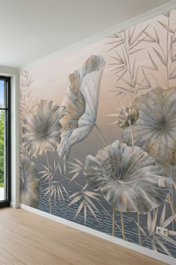 Dreamwall Büyük Lotus Yaprakları, Bambu Dalları ve Su Dalgaları Motifli Tek Parça Tekstil Duvar Kağıdı küçük görsel 3