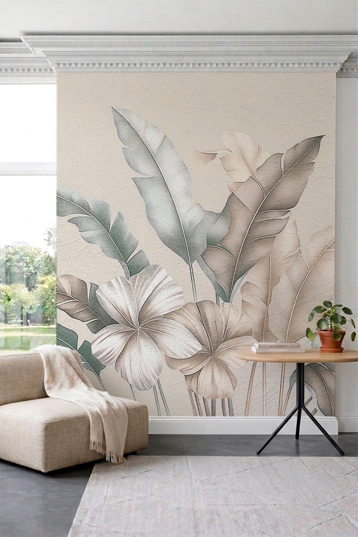Dreamwall Büyük Tropikal Yaprak ve Egzotik Çiçek Motifli Tek Parça Tekstil Duvar Kağıdı görsel 1