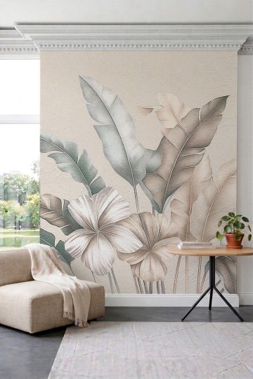 Dreamwall Büyük Tropikal Yaprak ve Egzotik Çiçek Motifli Tek Parça Tekstil Duvar Kağıdı küçük görsel 1